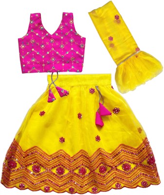 sainur creation Girls Lehenga Choli Ethnic Wear Embroidered Lehenga, Choli and Dupatta Set(Yellow, Pack of 1)