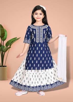 LITTLE DRESSES Girls Lehenga Choli Ethnic Wear Printed Lehenga, Choli and Dupatta Set(Blue, Pack of 1)