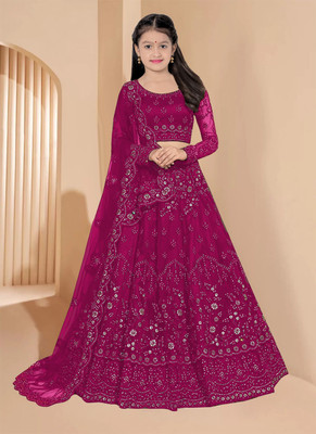 PILUDI Girls Lehenga Choli Ethnic Wear Self Design Lehenga, Choli and Dupatta Set(Pink, Pack of 1)