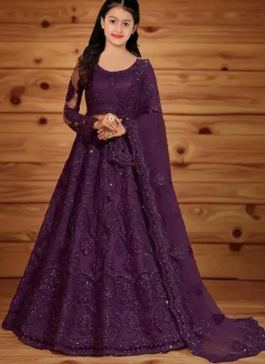 KESHAVI CREATION Girls Lehenga Choli Party Wear Embroidered Lehenga, Choli and Dupatta Set(Purple, Pack of 1)