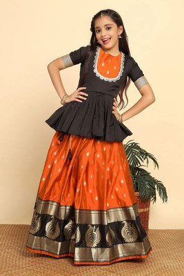 FORMONIX Indi Girls Lehenga Choli Ethnic Wear Printed Lehenga Choli(Orange, Pack of 1)