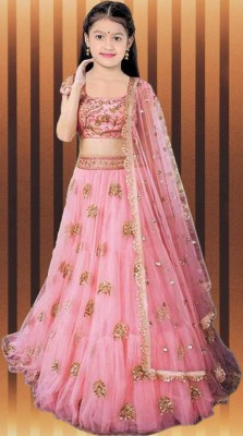 FULPARI Girls Lehenga Choli Ethnic Wear Embroidered Lehenga, Choli and Dupatta Set(Pink, Pack of 1)