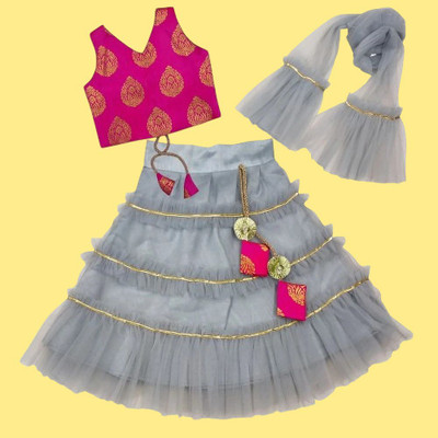 Agnivesham Baby Girls Lehenga Choli Ethnic Wear Self Design Lehenga, Choli and Dupatta Set(Grey, Pack of 1)