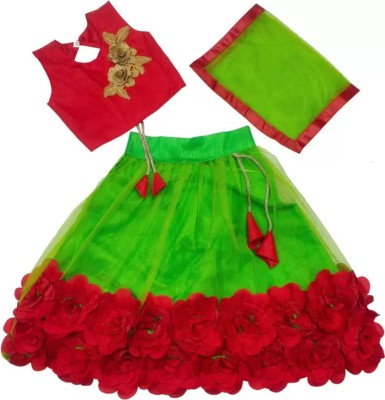NKV FASHION Indi Girls Lehenga Choli Ethnic Wear Self Design Lehenga, Choli and Dupatta Set(Green, Pack of 1)