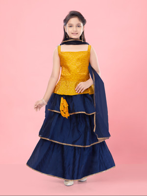 Aarika Indi Girls Lehenga Choli Ethnic Wear Self Design Lehenga, Choli and Dupatta Set(Yellow, Pack of 1)