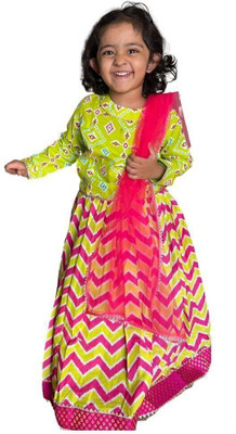 MAITREYO Indi Girls Lehenga Choli Ethnic Wear Striped Lehenga, Choli and Dupatta Set(Pink, Pack of 1)