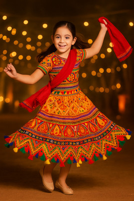 Fortune Moves Indi Girls Lehenga Choli Ethnic Wear Embroidered Lehenga Choli(Orange, Pack of 1)