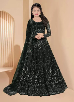 Nijat Indi Girls Lehenga Choli Ethnic Wear Solid Ghagra, Choli, Dupatta Set(Black, Pack of 1)