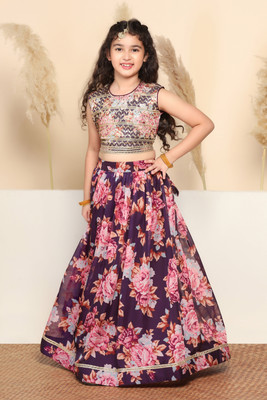 Fashion Dream Girls Lehenga Choli Ethnic Wear Floral Print Lehenga Choli(Purple, Pack of 1)