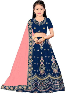 Dholaazon Girls Lehenga Choli Ethnic Wear Embroidered Lehenga, Choli and Dupatta Set(Blue, Pack of 1)