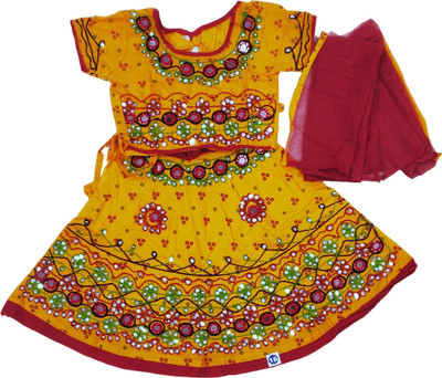 Fashionhub Indi Baby Girls Lehenga Choli Ethnic Wear Embroidered Lehenga Choli(Yellow, Pack of 1)
