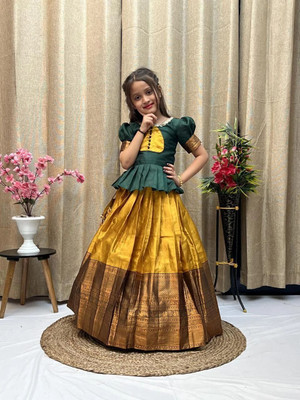 Jhanvi Lifestyle Indi Girls Lehenga Choli Ethnic Wear Printed Lehenga Choli(Yellow, Pack of 1)