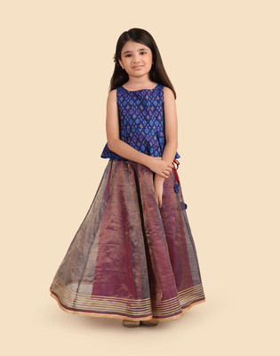 Fabindia Girls Lehenga Choli Ethnic Wear Self Design Lehenga Choli(Blue, Pack of 2)