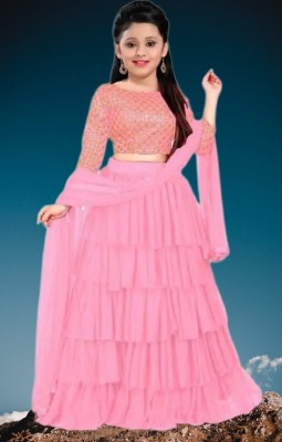 RUDKI ENTERPRISE Girls Lehenga Choli Ethnic Wear Embroidered Lehenga, Choli and Dupatta Set(Pink, Pack of 1)