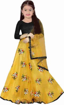 Women Wed Girls Lehenga Choli Ethnic Wear Floral Print Lehenga, Choli and Dupatta Set(Yellow, Pack of 1)