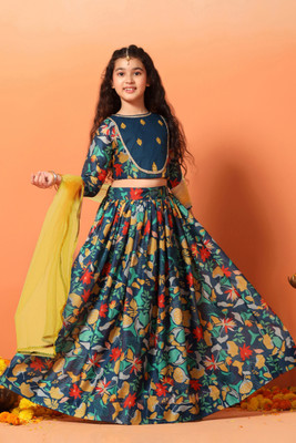Fashion Dream Girls Lehenga Choli Ethnic Wear Embroidered Lehenga Choli(Dark Blue, Pack of 1)