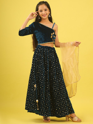 Ishti Indi Girls Lehenga Choli Party Wear Embroidered Lehenga & Crop Top(Blue, Pack of 1)