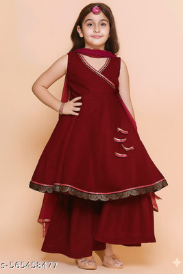 SalasarKurti Girls Lehenga Choli Ethnic Wear Self Design Lehenga, Choli and Dupatta Set(Maroon, Pack of 1)