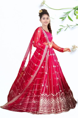 Ininja Enterprise Girls Lehenga Choli Ethnic Wear Embroidered Lehenga, Choli and Dupatta Set(Pink, Pack of 1)