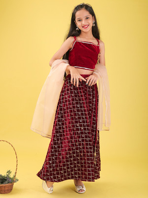 Ishti Indi Girls Lehenga Choli Party Wear Embellished Lehenga Choli(Maroon, Pack of 1)