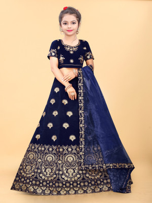 KV Fashion Girls Lehenga Choli Ethnic Wear Embroidered Lehenga, Choli and Dupatta Set(Blue, Pack of 1)
