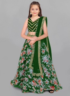 PILUDI Girls Lehenga Choli Fusion Wear Embellished Lehenga, Choli and Dupatta Set(Green, Pack of 1)