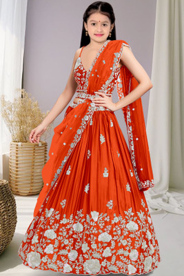Harshiv Creation Girls Lehenga Choli Party Wear Embroidered Lehenga, Choli and Dupatta Set(Orange, Pack of 1)