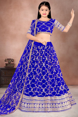 Hitansree creation Girls Lehenga Choli Ethnic Wear Embroidered Lehenga, Choli and Dupatta Set(Blue, Pack of 1)