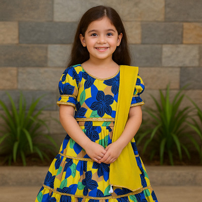 Sudhaga Fashion Girls Lehenga Choli Ethnic Wear Printed Lehenga, Choli and Dupatta Set(Yellow, Pack of 1)