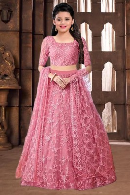 Women Wed Girls Lehenga Choli Ethnic Wear, Fusion Wear, Party Wear, Western Wear Embroidered Lehenga, Choli and Dupatta Set(Pink, Pack of 1)