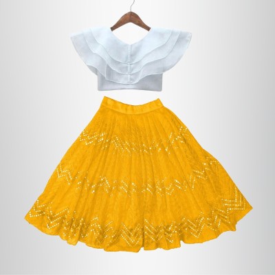 Shoryam Fashion Indi Girls Lehenga Choli Party Wear Embroidered Lehenga & Crop Top(Yellow, Pack of 1)