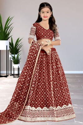 Hitansree creation Girls Lehenga Choli Ethnic Wear Embroidered, Embellished Lehenga, Choli and Dupatta Set(Maroon, Pack of 1)