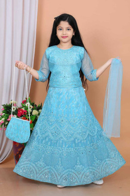 Tumpa Indi Girls Lehenga Choli Party Wear Embroidered Lehenga, Choli and Dupatta Set(Blue, Pack of 1)