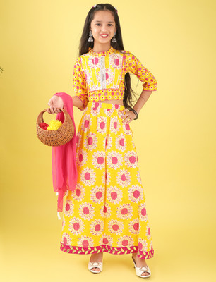 Tasrika Indi Girls Lehenga Choli Ethnic Wear Floral Print Lehenga & Crop Top(Yellow, Pack of 1)