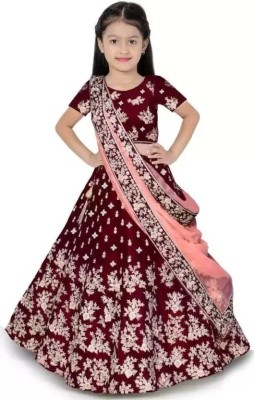 The Fashion Prime Girls Lehenga Choli Ethnic Wear Embroidered Lehenga, Choli and Dupatta Set(Maroon, Pack of 1)