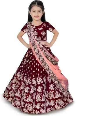 The Fashion Prime Girls Lehenga Choli Ethnic Wear Embroidered Lehenga, Choli and Dupatta Set(Maroon, Pack of 1)