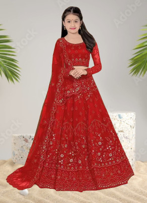 Mahakaleshwar Girls Lehenga Choli Ethnic Wear Embroidered Lehenga, Choli and Dupatta Set(Red, Pack of 1)