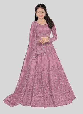 Gheludi Girls Lehenga Choli Ethnic Wear Embroidered Lehenga, Choli and Dupatta Set(Purple, Pack of 1)