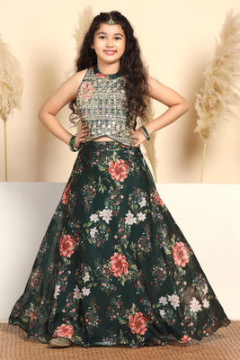 Fashion Dream Girls Lehenga Choli Ethnic Wear Floral Print Lehenga Choli(Green, Pack of 1)