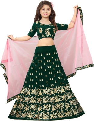 LADY SHOPI Girls Lehenga Choli Ethnic Wear Embroidered Lehenga, Choli and Dupatta Set(Green, Pack of 1)