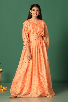 Fashion Dream Girls Lehenga Choli Ethnic Wear Floral Print Lehenga Choli(Orange, Pack of 1)