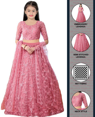 PILUDI Girls Lehenga Choli Ethnic Wear Embroidered Lehenga, Choli and Dupatta Set(Pink, Pack of 1)