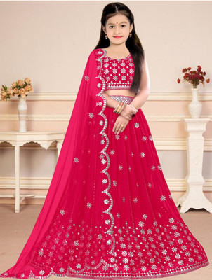 Nijat Girls Lehenga Choli Ethnic Wear Embellished Lehenga, Choli and Dupatta Set(Pink, Pack of 1)