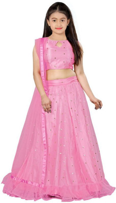 MEET FAB Girls Lehenga Choli Ethnic Wear Embroidered Lehenga, Choli and Dupatta Set(Pink, Pack of 1)
