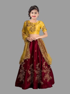 Gheludi Girls Lehenga Choli Ethnic Wear Embroidered Lehenga, Choli and Dupatta Set(Maroon, Pack of 1)