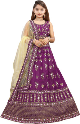 KV Fashion Girls Lehenga Choli Ethnic Wear Embroidered Lehenga, Choli and Dupatta Set(Purple, Pack of 1)