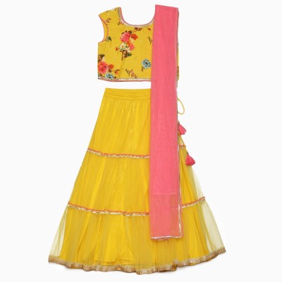 BIBA Indi Girls Lehenga Choli Ethnic Wear Floral Print Lehenga, Choli and Dupatta Set(Yellow, Pack of 3)