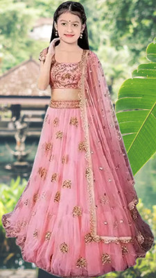 Ininja Enterprise Girls Lehenga Choli Ethnic Wear Embroidered Lehenga, Choli and Dupatta Set(Pink, Pack of 1)