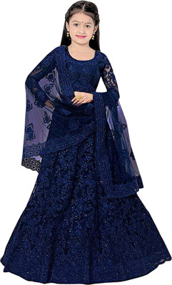 KESHAVI CREATION Girls Lehenga Choli Ethnic Wear Embroidered Lehenga, Choli and Dupatta Set(Blue, Pack of 1)