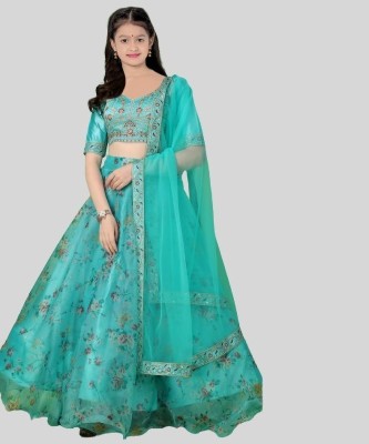 PILUDI Girls Lehenga Choli Ethnic Wear Printed Lehenga, Choli and Dupatta Set(Blue, Pack of 1)